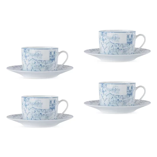 Budget 👍 Bernardaud Tout Paris Set Of 4 Tea Cups & Saucers White/blue 🎉
